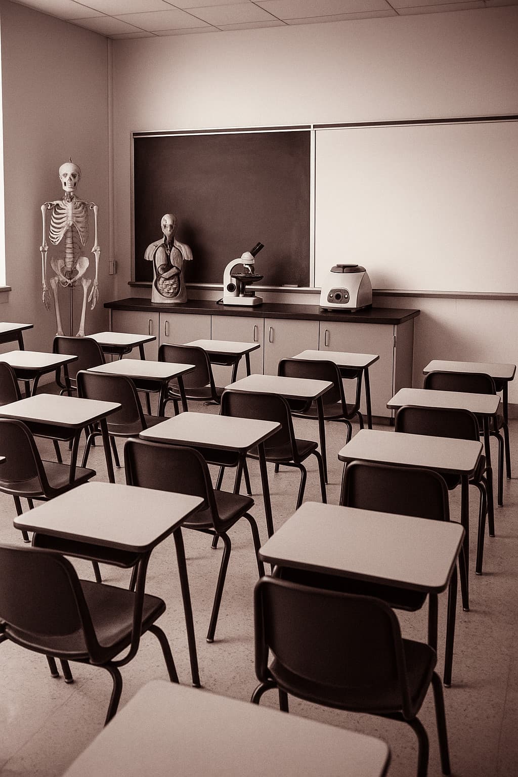 Modern classroom with desks and blackboards